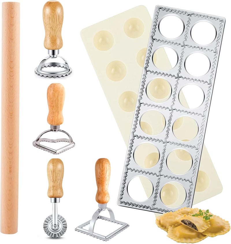 Lainballow 7 Pcs Ravioli Mold Set, Ravioli Maker Press with 1 Wood Rolling Pin, 4 Ravioli Cutter, 12 Holes Ravioli Stamp Pasta Making Kit for Ravioli Pasta Dumpling Meat Pie - Image 1
